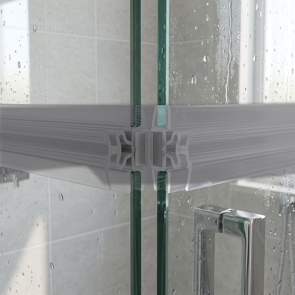 Two grey magnetic seals meeting at the vertical edges of glass shower doors, chrome handle and wet tiles behind