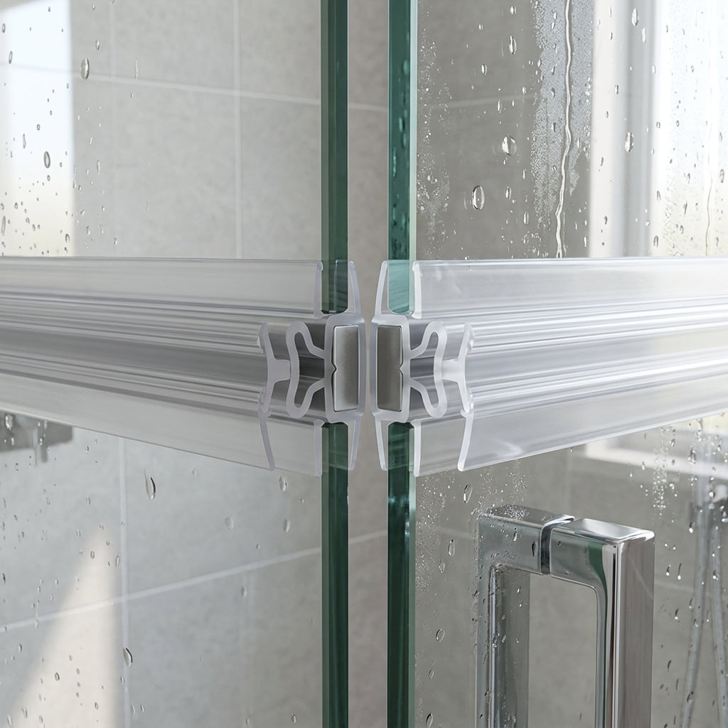 Magnetic shower door seals installed on meeting glass door edges - Magnetic Shower Screen Seal - Length of 2000mm