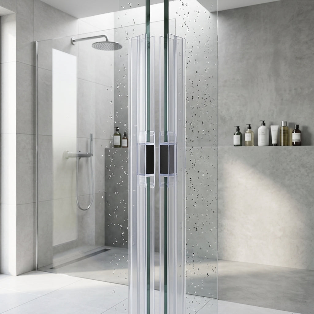 Magnetic shower door seals installed on meeting glass door edges - Magnetic Shower Screen Seal - Length of 2000mm