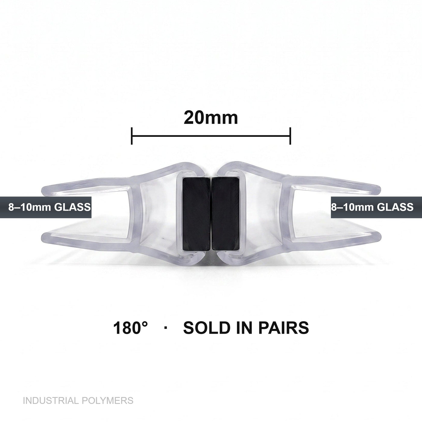 Pair of clear magnetic shower seals closed on 8-10mm glass panels, spanning a 20mm gap at 180 degrees
