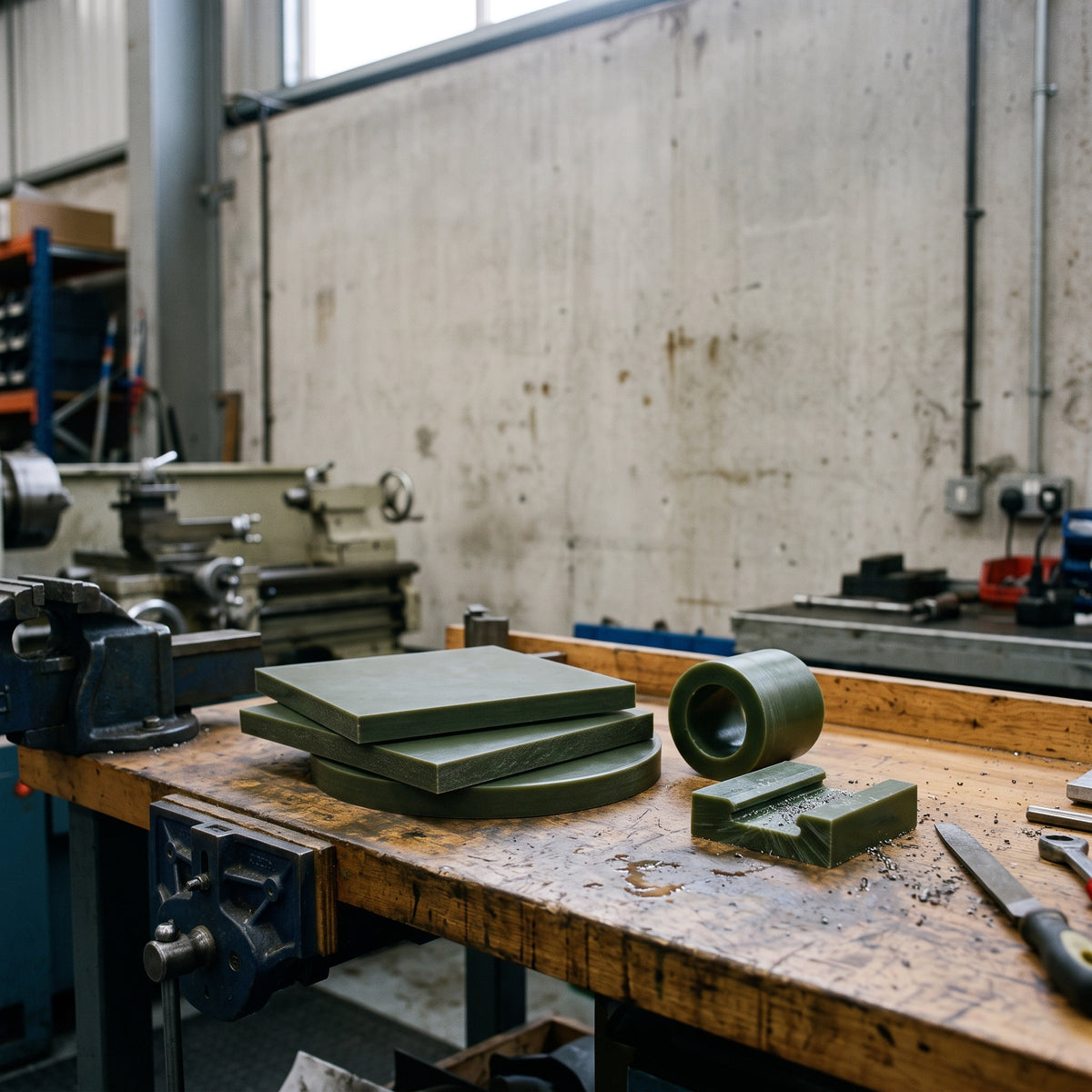 Green oil-filled cast nylon slabs on a workshop bench with a turned bush and a cut wear pad, lathe behind