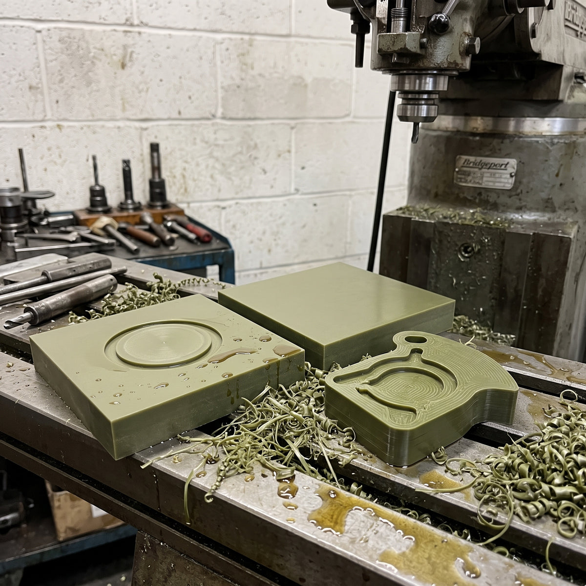 Khaki-green oil-filled nylon blocks on a milling machine table, a machined cam part and curled swarf beside them