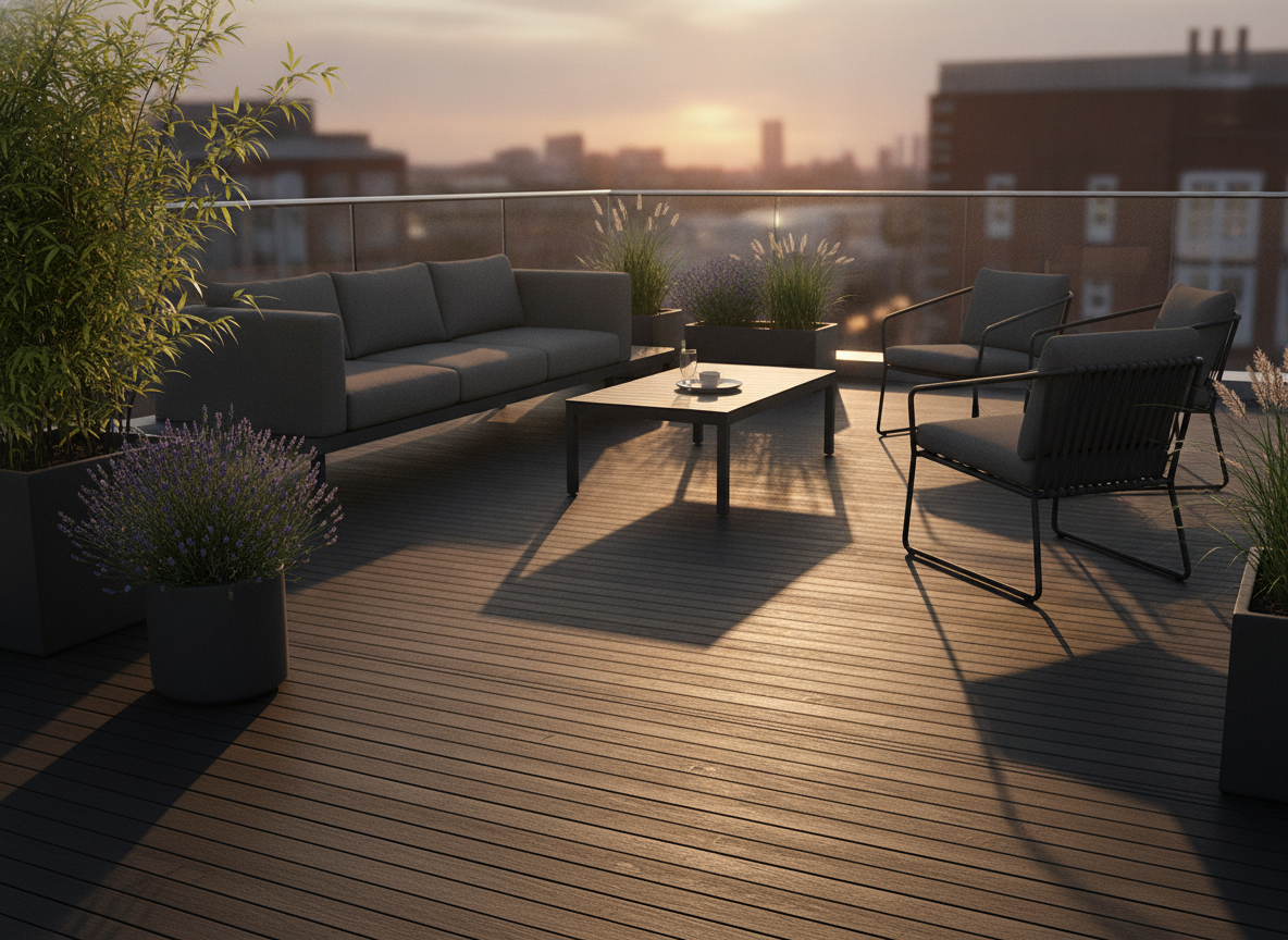 Black composite decking boards forming a modern garden roof terrace with contemporary furniture