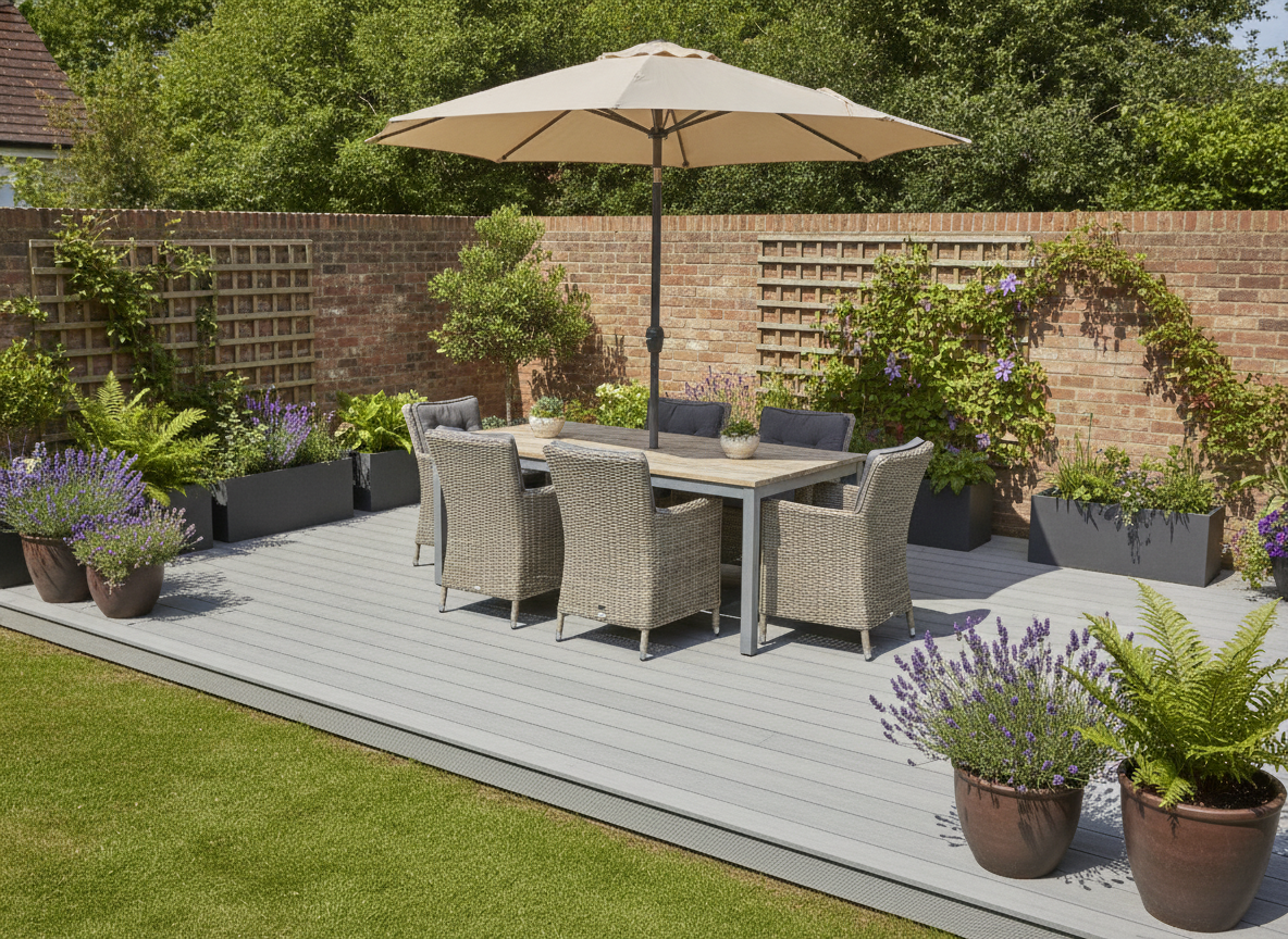 Grey composite decking boards forming a garden patio deck with outdoor dining table and chairs