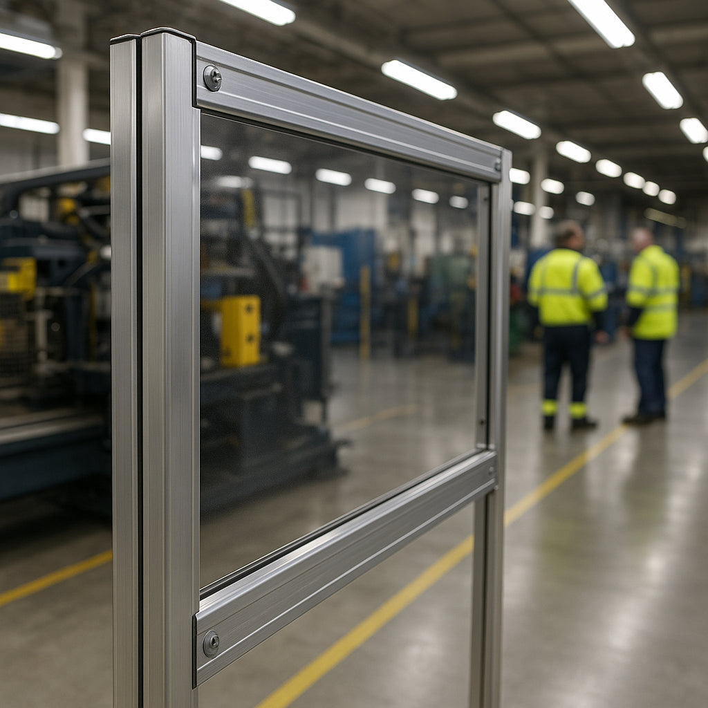 Clear polycarbonate sheet used as machine guard in factory - impact resistant safety glazing