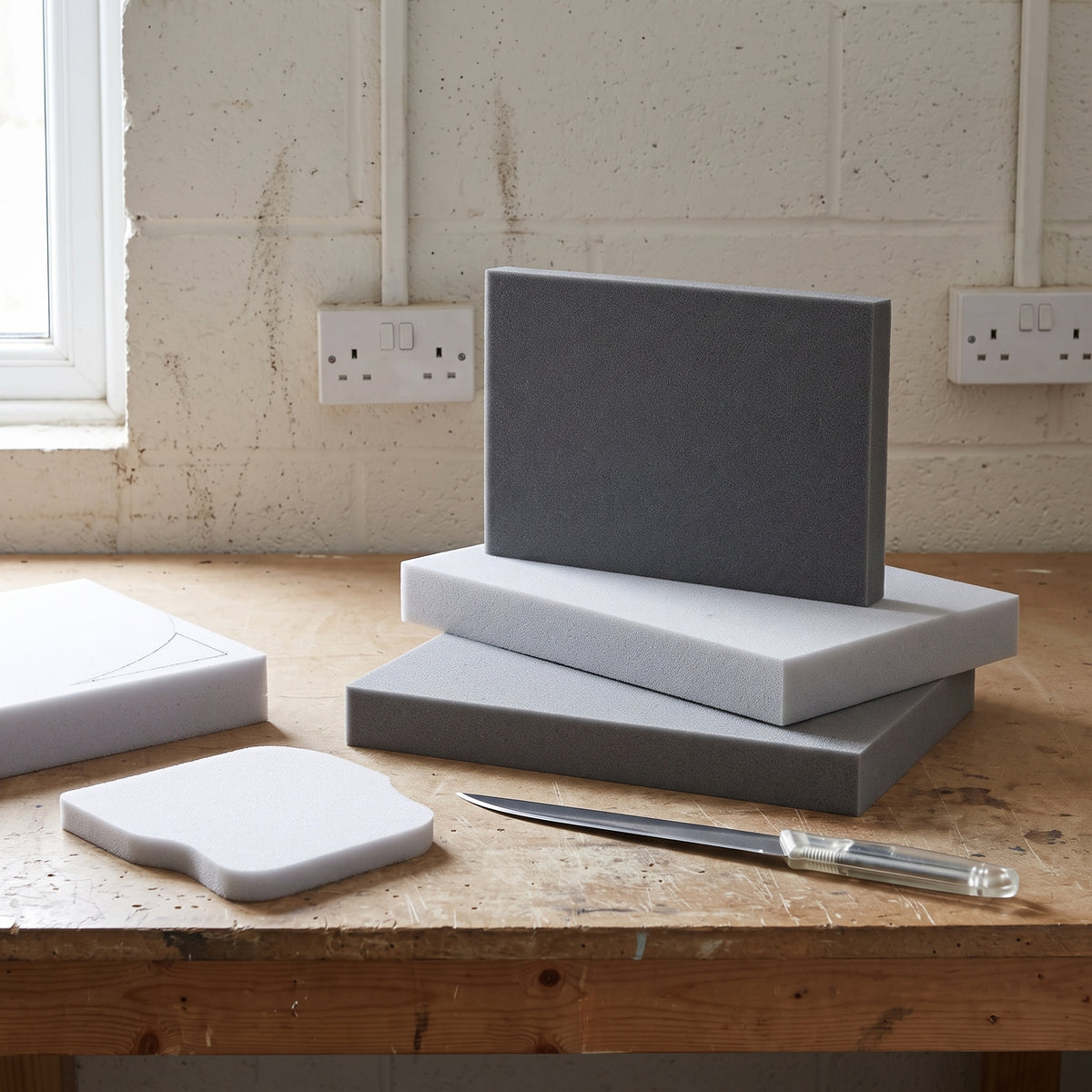 Grey and white polyethylene foam slabs stacked on a workshop bench with a shaped foam pad cut from one and a long knife