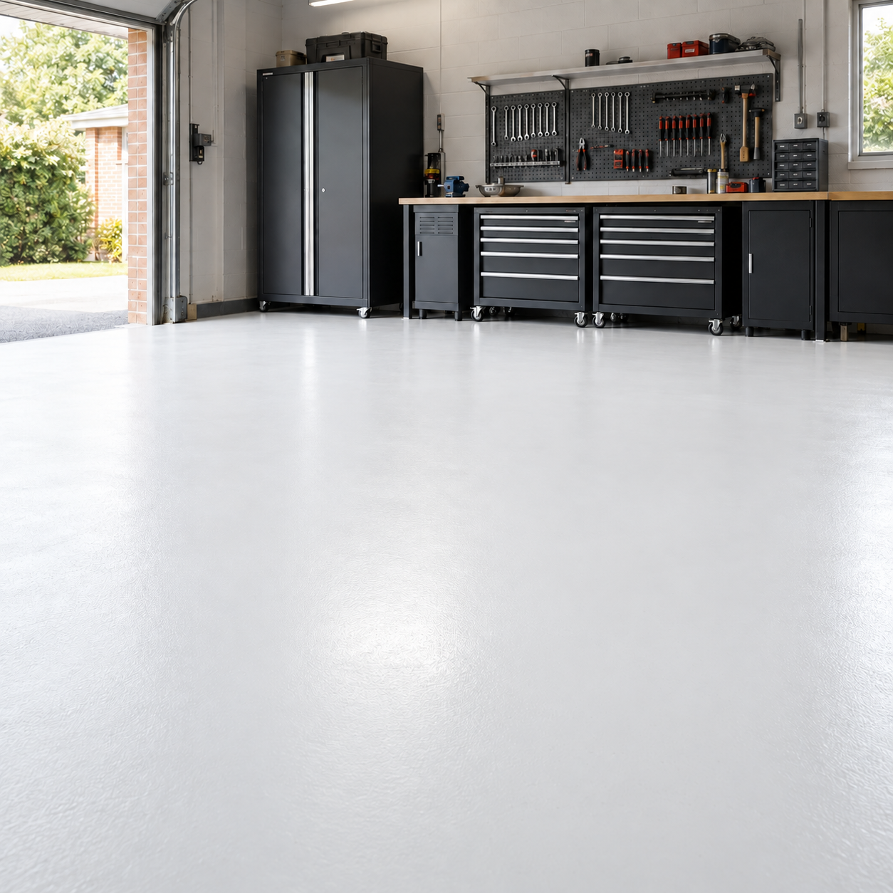 White illustrative application: Heavy Duty Polyurethane Floor Paint for Garages & Workshops