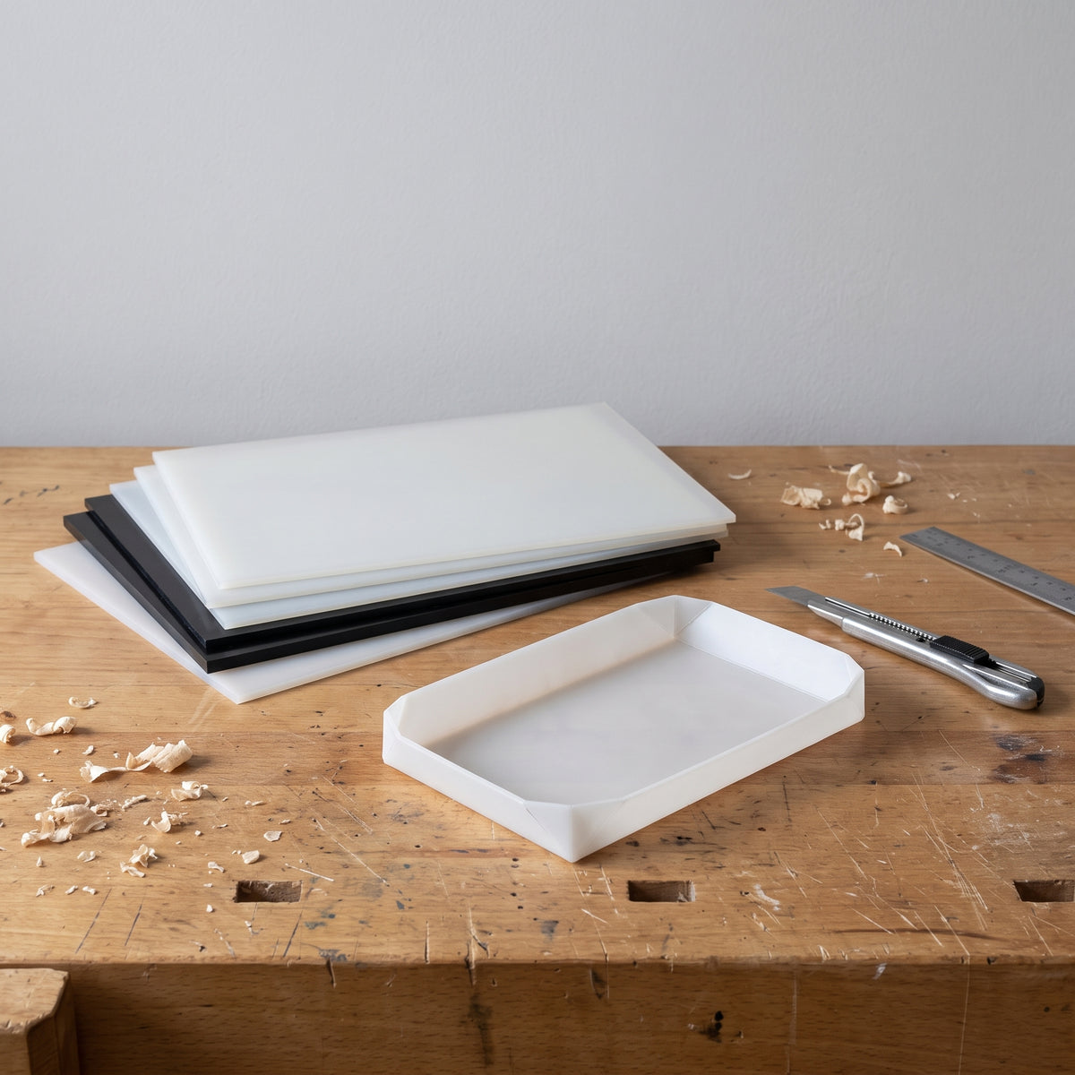 Thin milky-white and black polypropylene sheets on a workbench with a shallow tray folded from one and a scoring knife