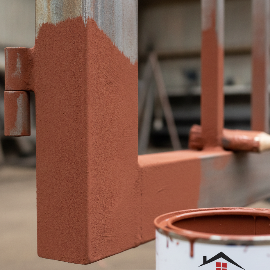 Red oxide metal primer paint freshly applied to a steel gate frame and railings in a UK workshop, anti-corrosive coating