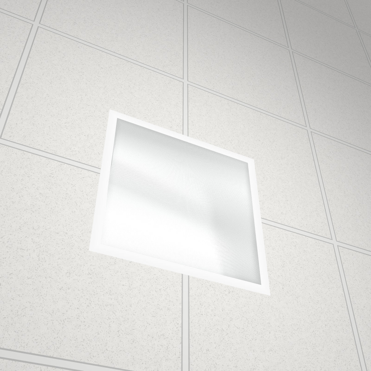 Prismatic acrylic diffuser panel fitted in a recessed ceiling light, spreading the light and hiding the lamps
