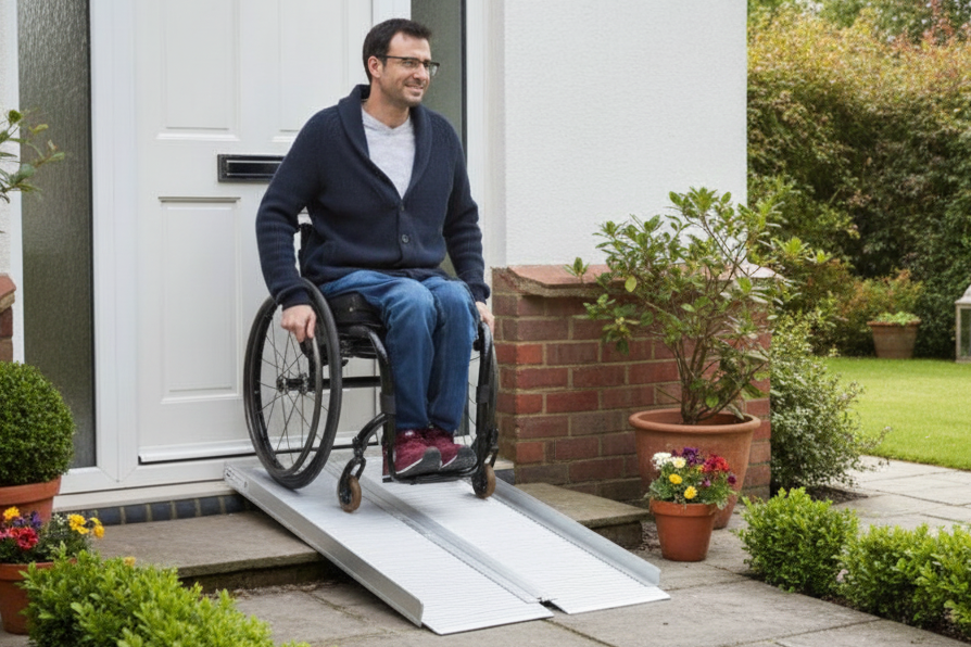 Portable folding aluminium wheelchair ramp deployed over a front doorstep with a wheelchair user approaching the door