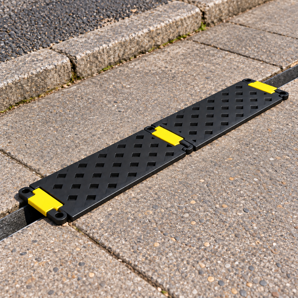 Black recycled-plastic narrow trench cover with yellow visibility inserts over a footway micro-trench; illustrative scene