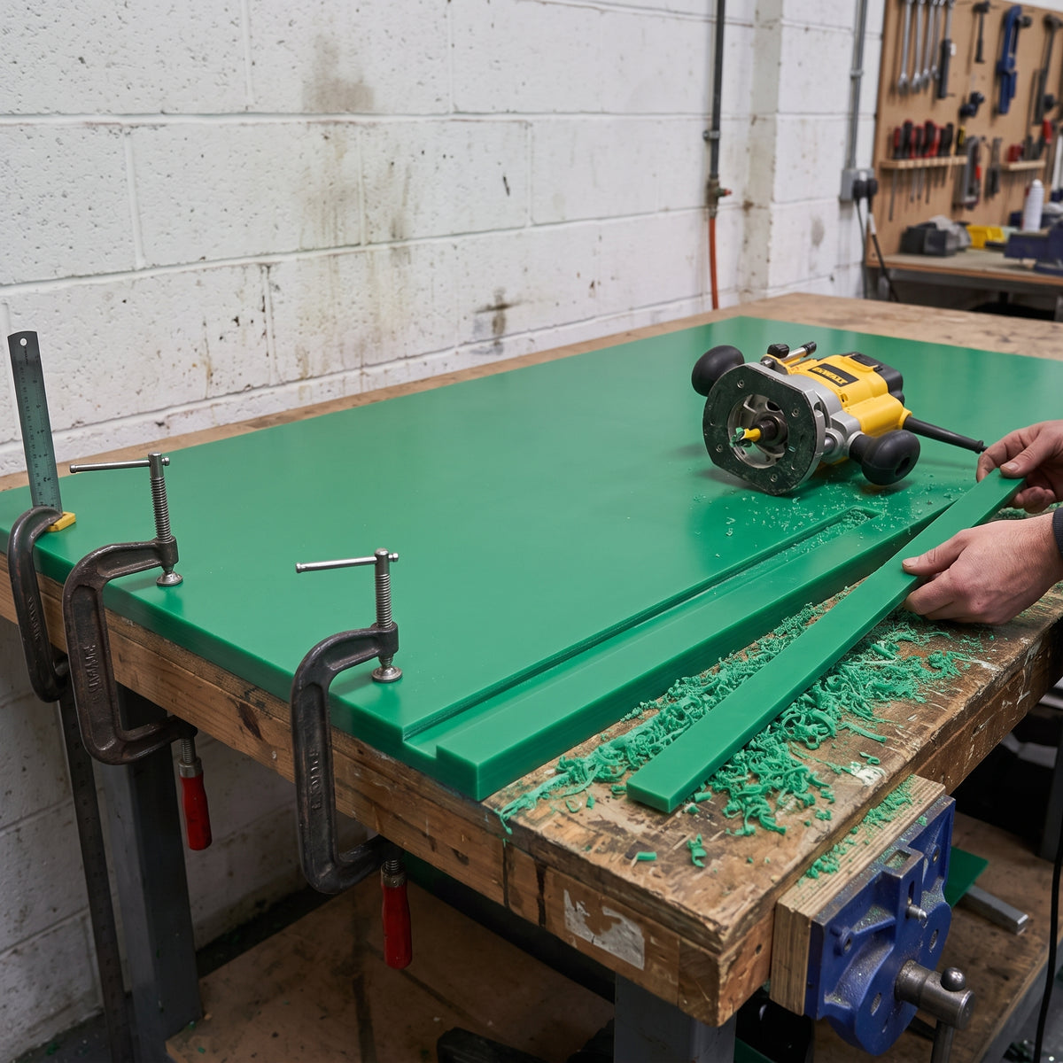 Green RG1000 UHMWPE sheet clamped on a fabrication bench with a routed guide strip cut from it, router and green swarf