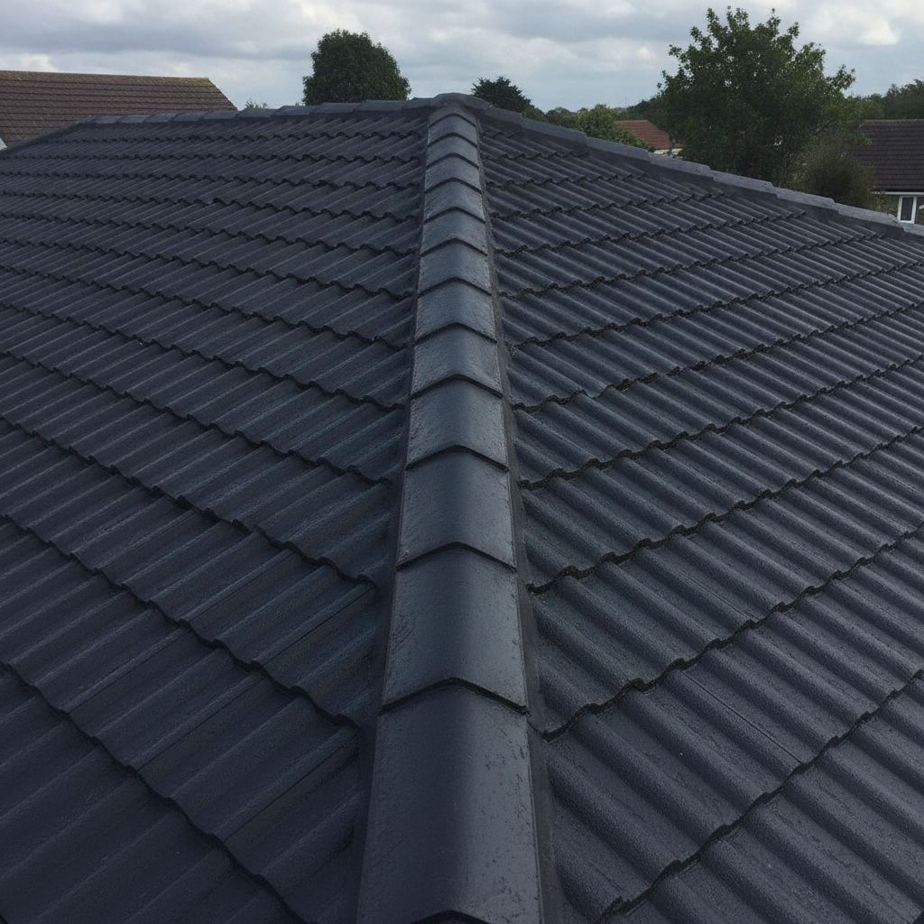Charcoal weatherproof paint freshly applied to concrete roof tiles on a UK house roof