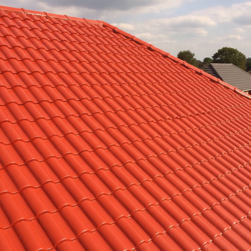 Red weatherproof paint freshly applied to concrete roof tiles on a UK house roof