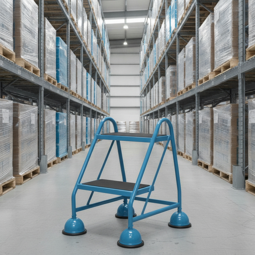 Blue mobile safety steps with twin handrail in a warehouse aisle