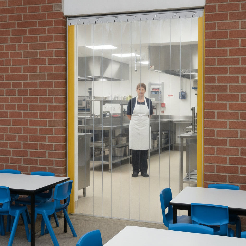 Clear PVC strip curtains on QuickMount rail at school canteen kitchen doorway