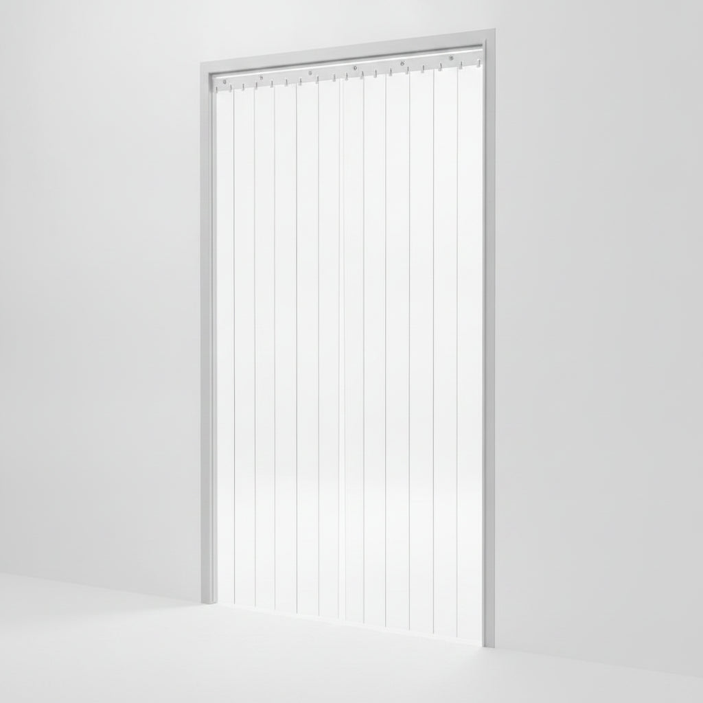 Clear PVC strip curtain kit with QuickMount aluminium child-safe rail product shot