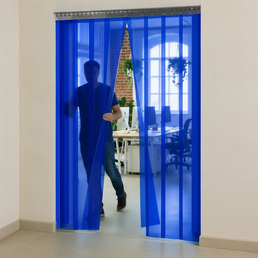 Transparent blue PVC strip curtains installed as office partition in modern creative studio