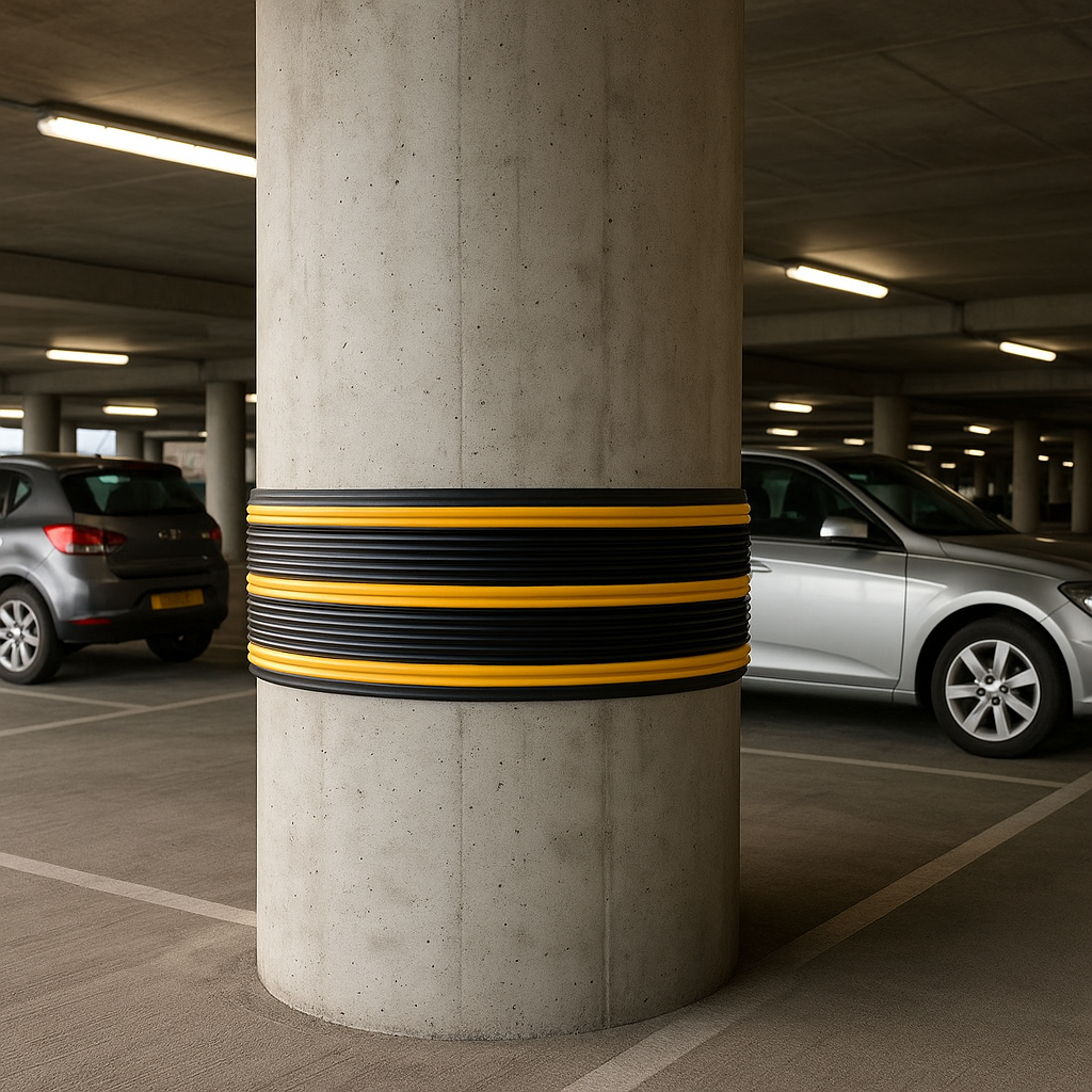 Black and yellow PVC parking column protector strip wrapped around concrete pillar in UK multi-storey car park