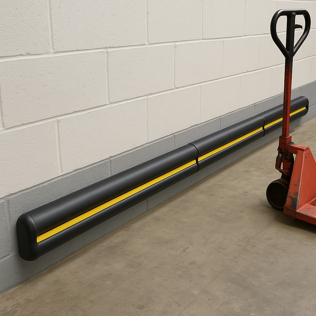 Double D Rubber Wall Guards installed in loading bay - row of three guards protecting loading dock wall