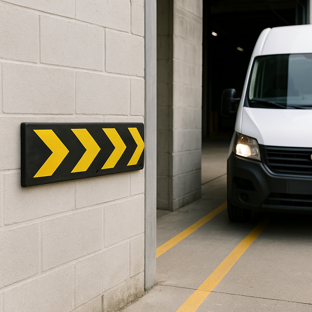 Reflective rubber chevron wall guard at warehouse loading dock entrance - directing van traffic with yellow reflective arrows