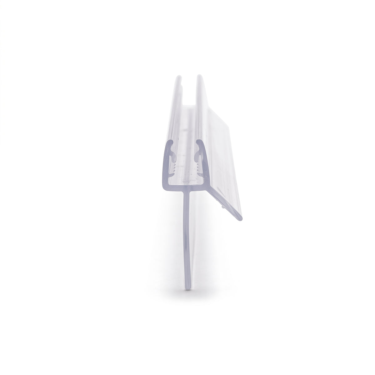 Clear seal offcut on white, glass channel with a long straight fin one side and a short angled fin