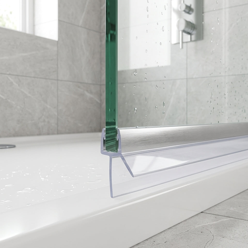 Shower screen seal installed on glass panel - SEAL012CP - Chrome Shower Screen Seal - Fits 4-6mm Glass - Fits 15mm to 20mm gaps