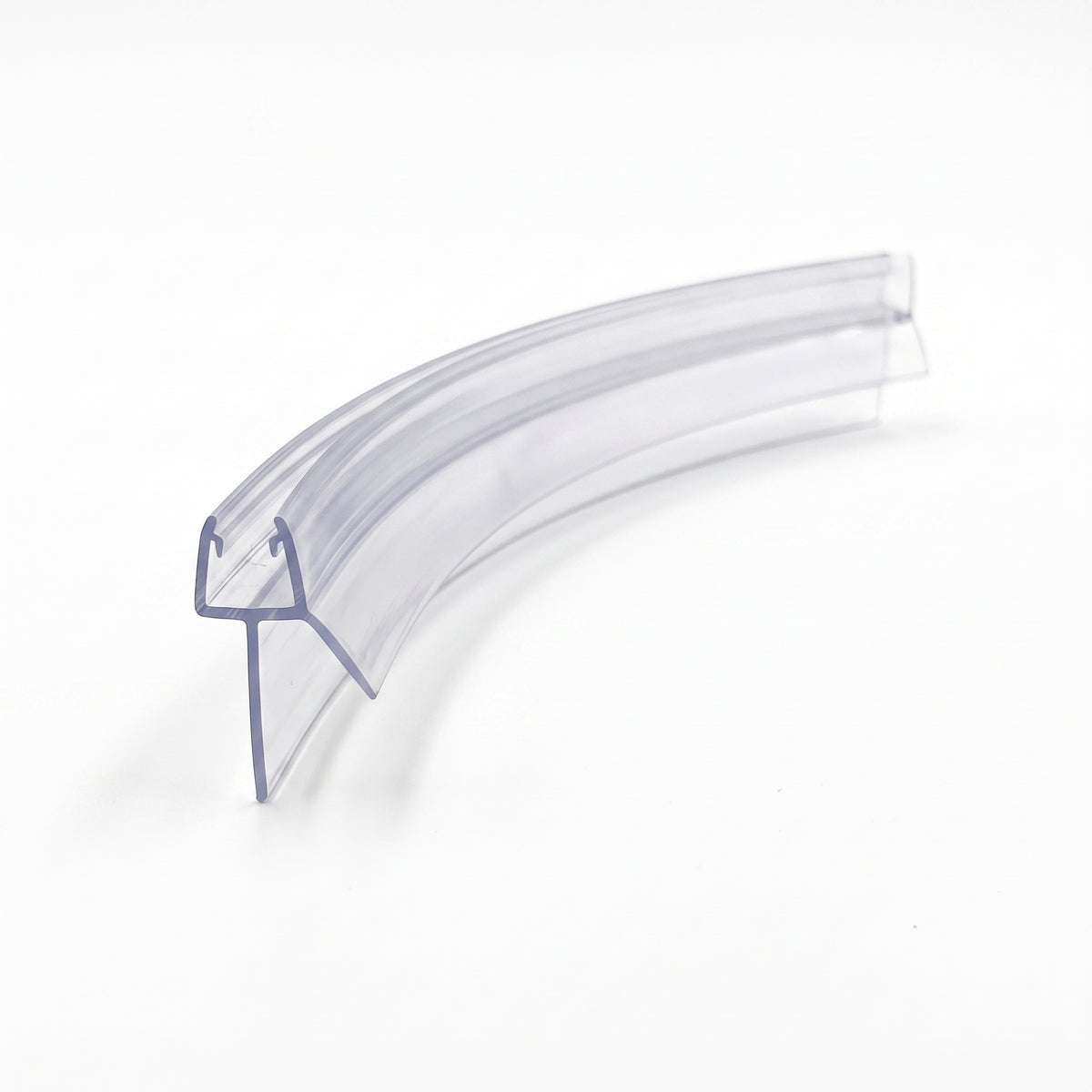 Clear pre-curved seal on white, gentle arc with a hooked channel and long blade at the near end