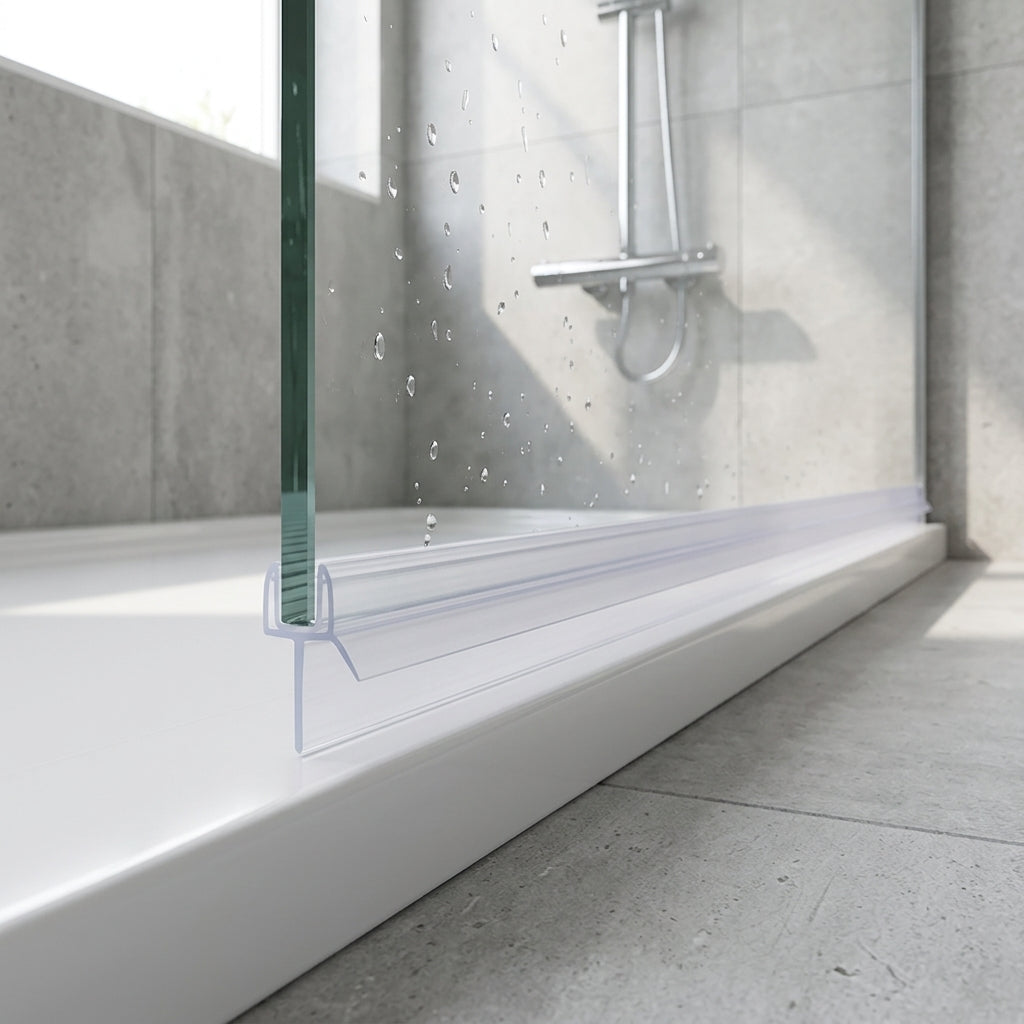 Shower screen seal installed on glass panel - Pre-Curved Shower Screen Seal - Fits 8mm Glass - Fits 11mm to 16mm gaps