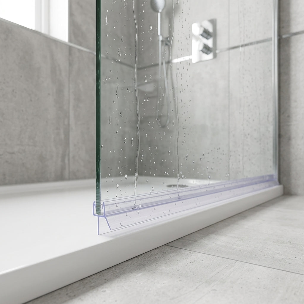 Shower screen seal installed on glass panel - Pre-Curved Shower Screen Seal - Fits 8mm Glass - Fits 15mm to 20mm gaps