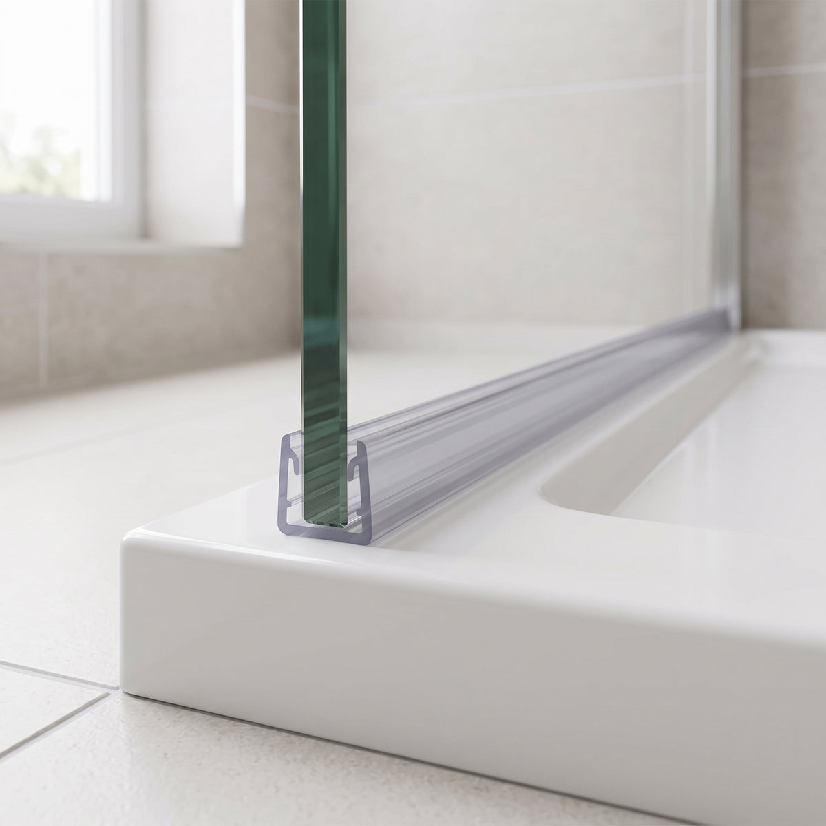 Clear U-channel trim along the bottom edge of a glass shower panel on a white tray, tiled bathroom behind