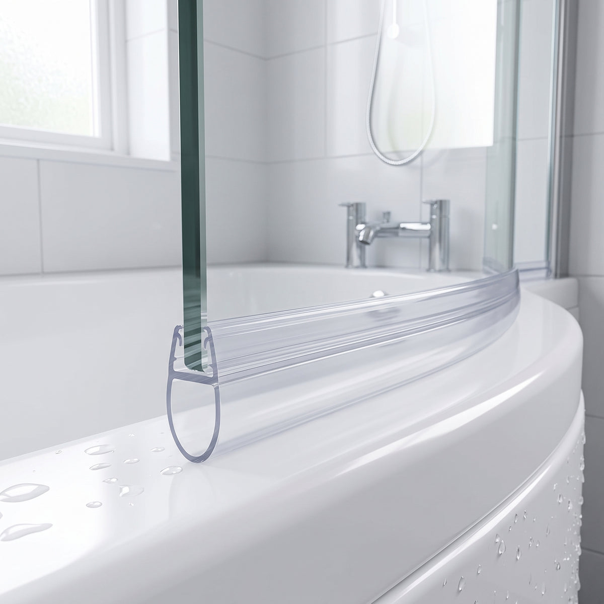 Clear pre-curved seal following the curve of a glass bath screen onto a white bath, chrome taps and window behind