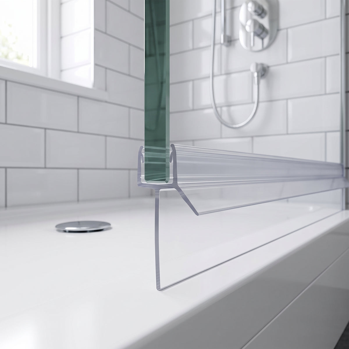 Clear seal along a glass door bottom edge on a white bath, white metro tiles and shower behind