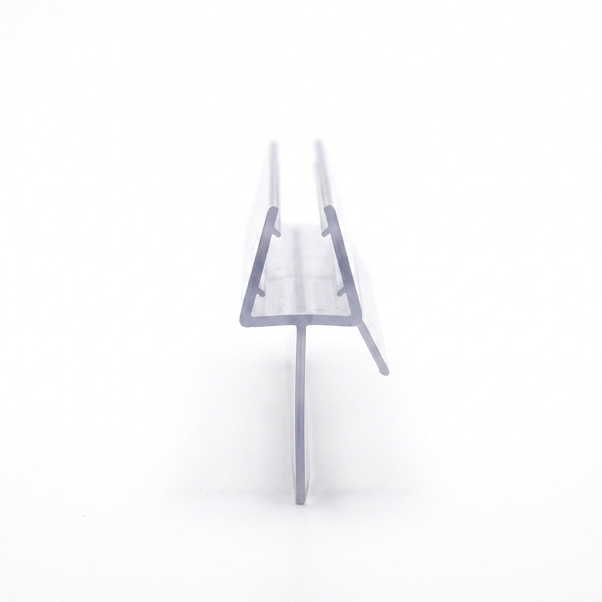 Clear seal offcut end-on on white, slim glass channel with a long thin blade dropping below