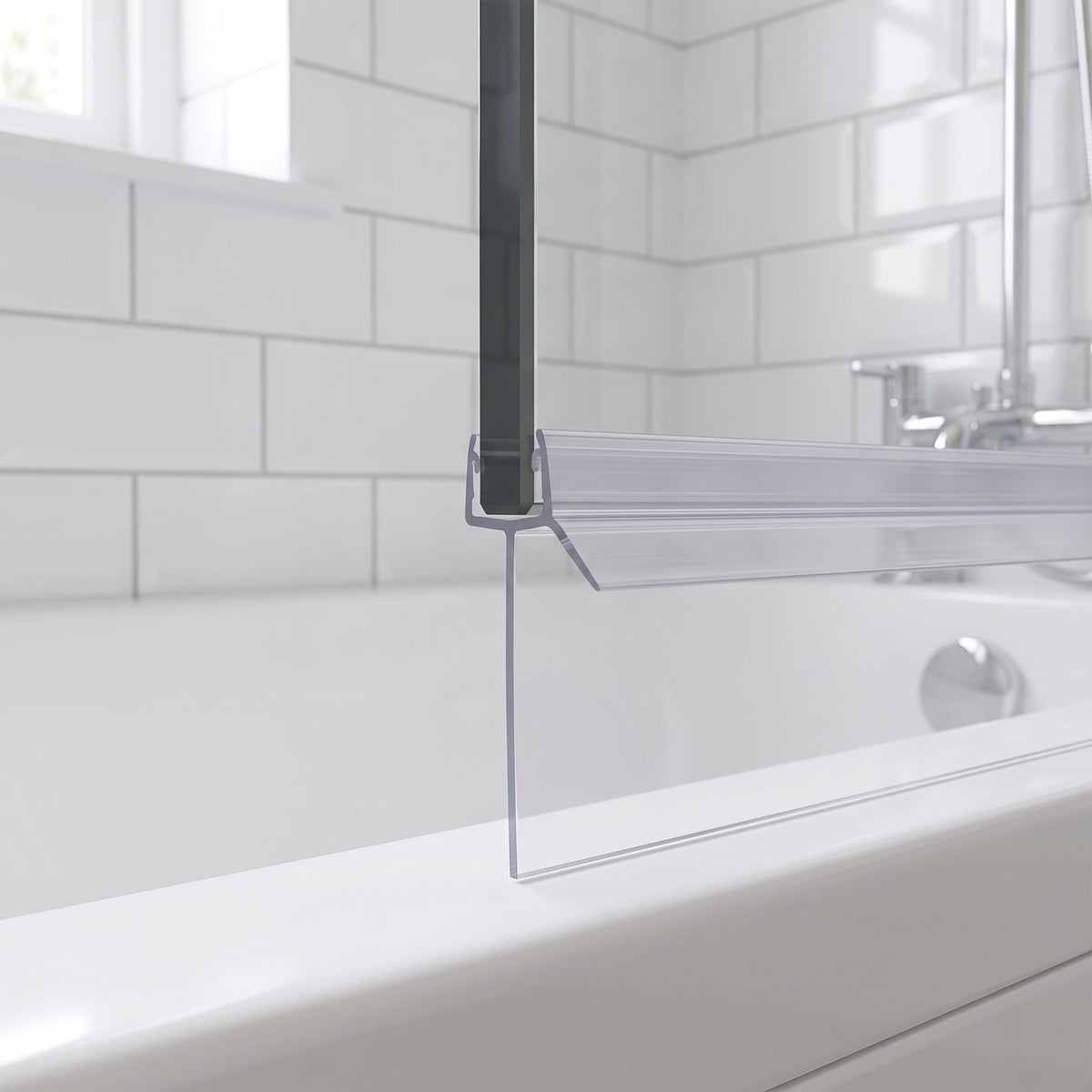 Clear seal with a long straight fin under a bath screen with a black frame post, white bath below