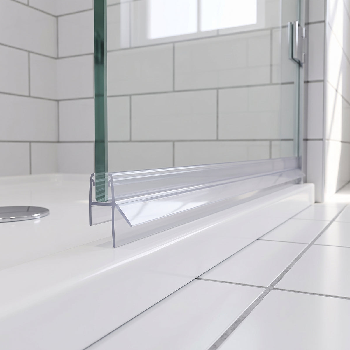 Clear seal on the bottom edge of a glass shower door, rigid fin on a white tray, metro tiles behind