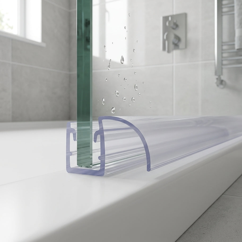 Shower screen seal installed on glass panel - Shower Screen Seal - Fits 4-6mm Glass - Lengths of 800mm, 900mm, 1400mm and 2000mm