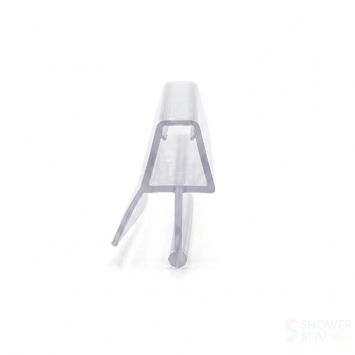 Clear seal offcut end-on on white, tapered glass channel with an angled fin and a bulb-tipped stem