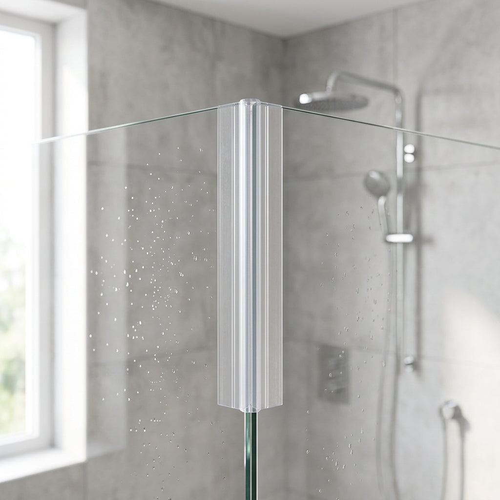 Clear corner seal running down the join of two glass shower panels, rain shower head and riser rail behind