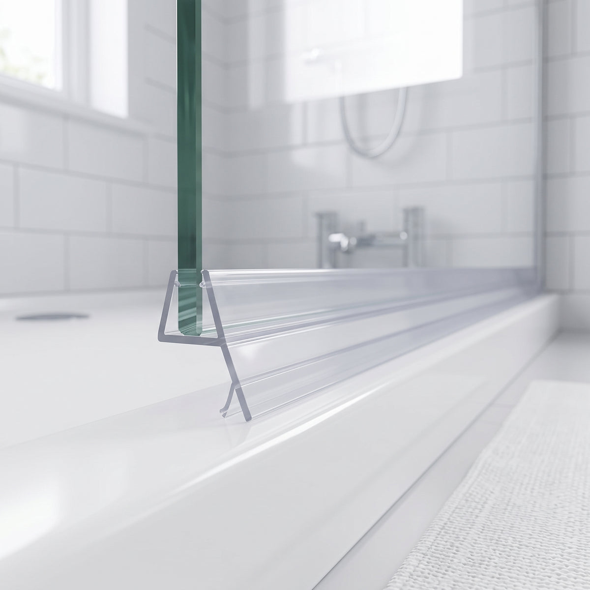 Clear seal with an angled blade on the bottom edge of a glass bath screen above a white bath