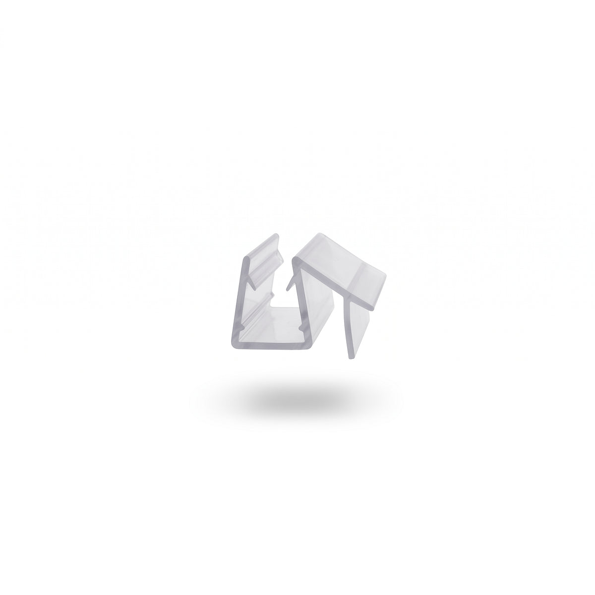 Small clear seal offcut on white - glass channel with an angled arm one side and a drop flap the other