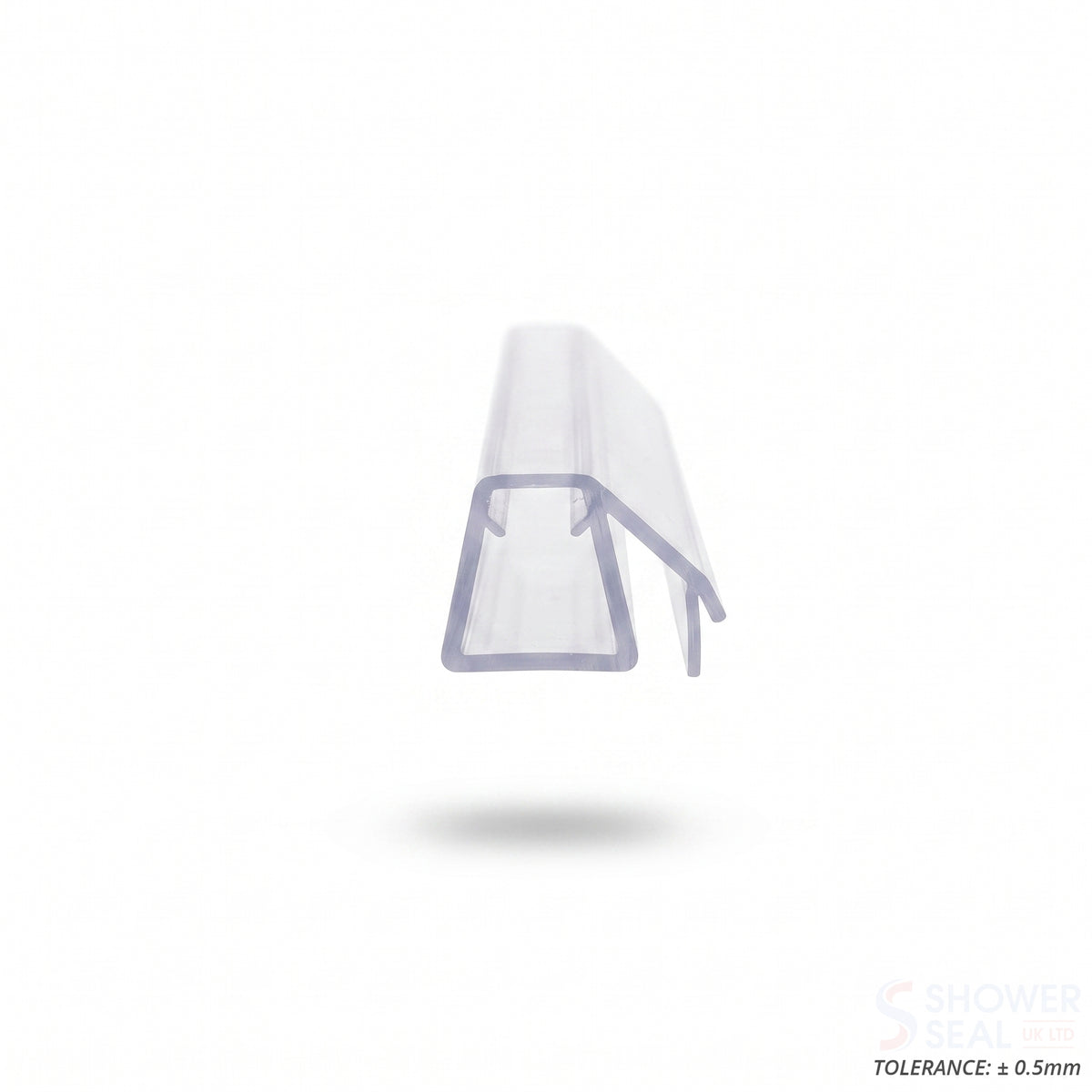 Clear deflector seal at an angle on white, square channel with an angled fin, tolerance plus or minus 0.5mm