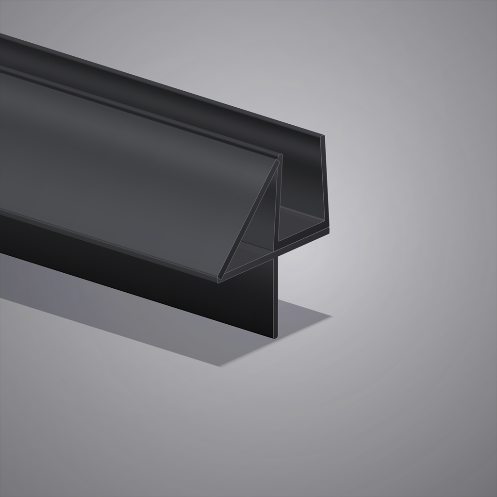 Black shower screen seal on grey studio background, rigid glass channel with soft skirt, strut and 12mm drop blade