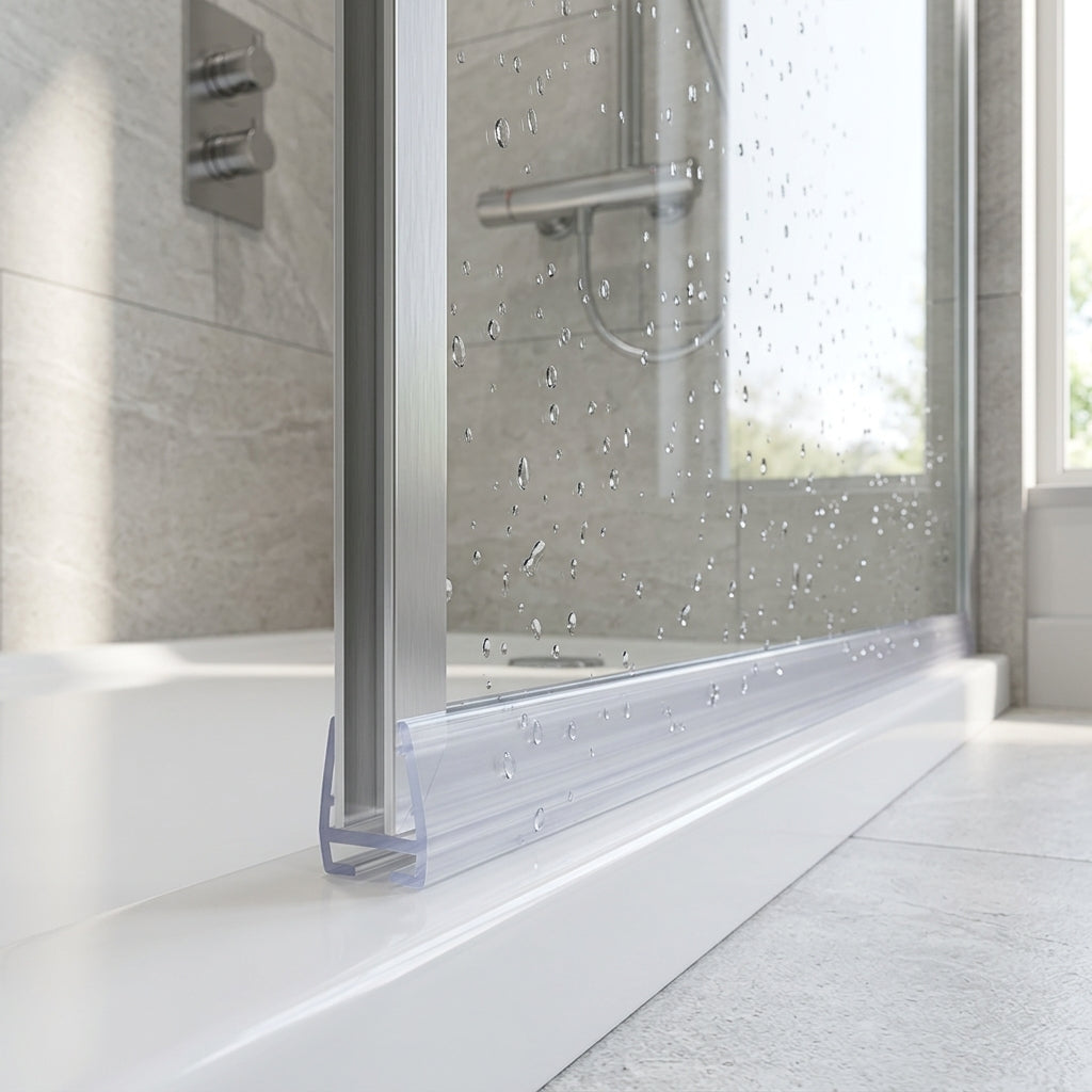 Shower screen seal installed on glass panel - Shower Screen Seal - Fits 8mm Glass - Lengths of 800mm, 900mm, 1400mm and 2000mm
