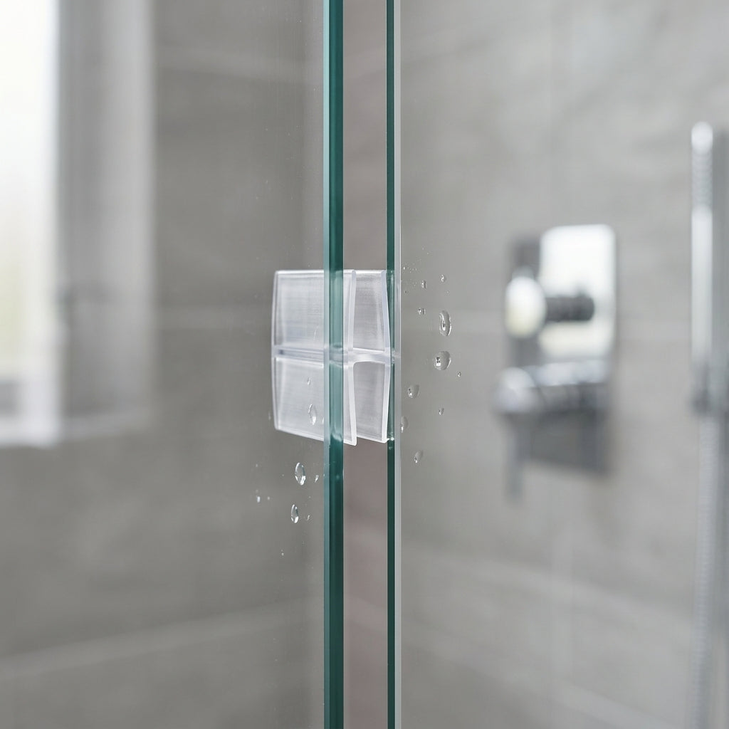 Clear glass-to-glass join seal installed between shower panels - self-adhesive tape hidden once fitted