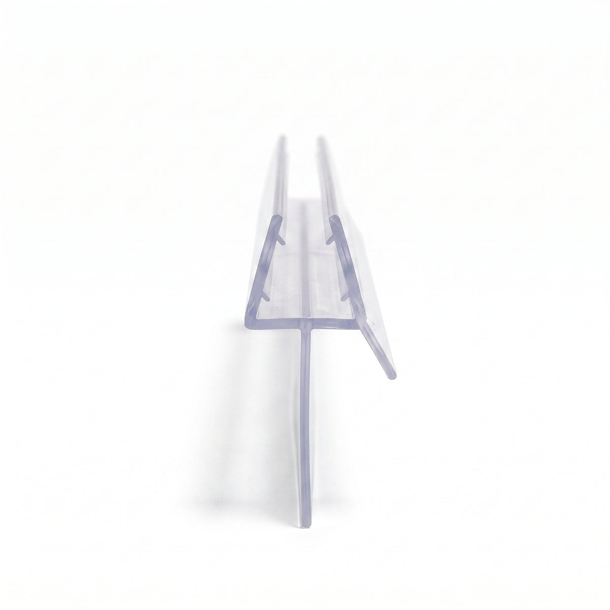 Clear seal offcut end-on on white, glass channel with splayed fins above a long drop blade