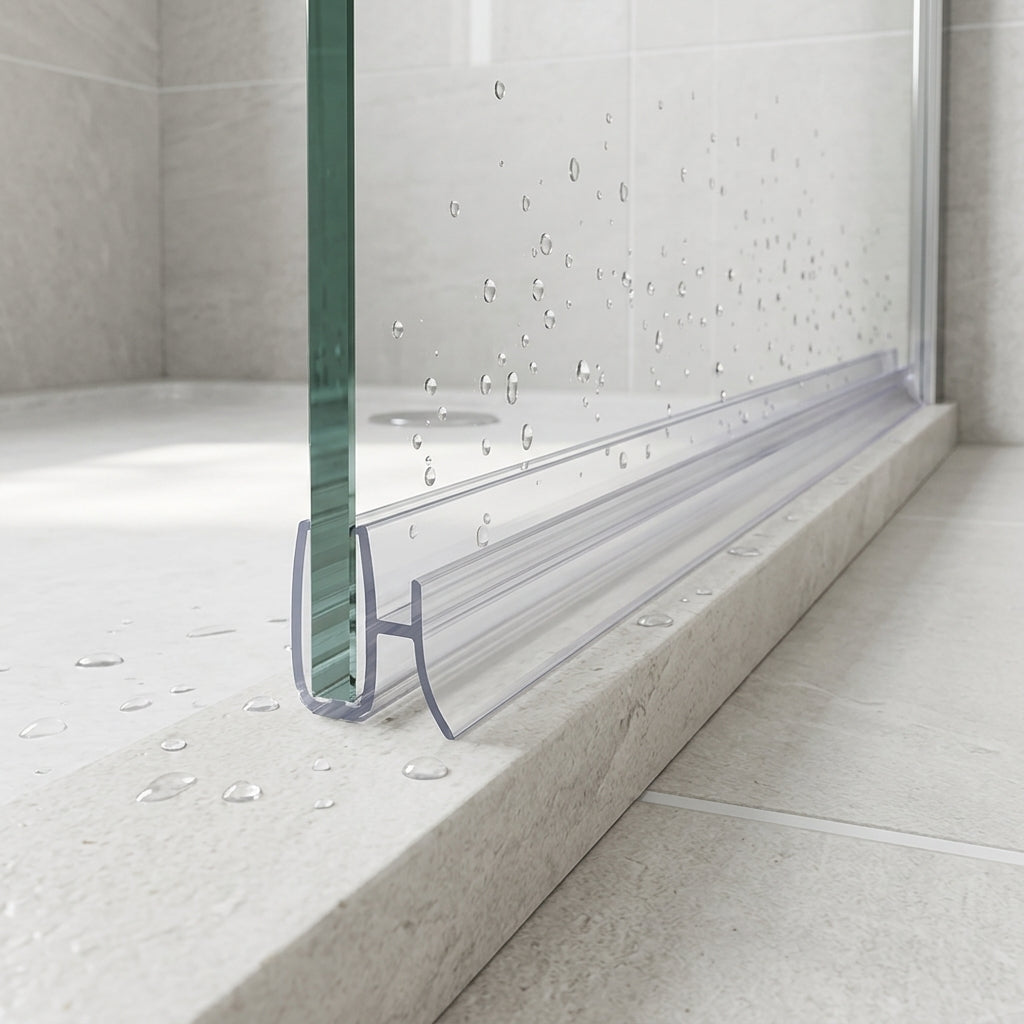 Shower screen seal installed on glass panel - Shower Screen Seal - Fits 4-6mm Glass - Lengths of 800mm, 900mm, 1400mm and 2000mm