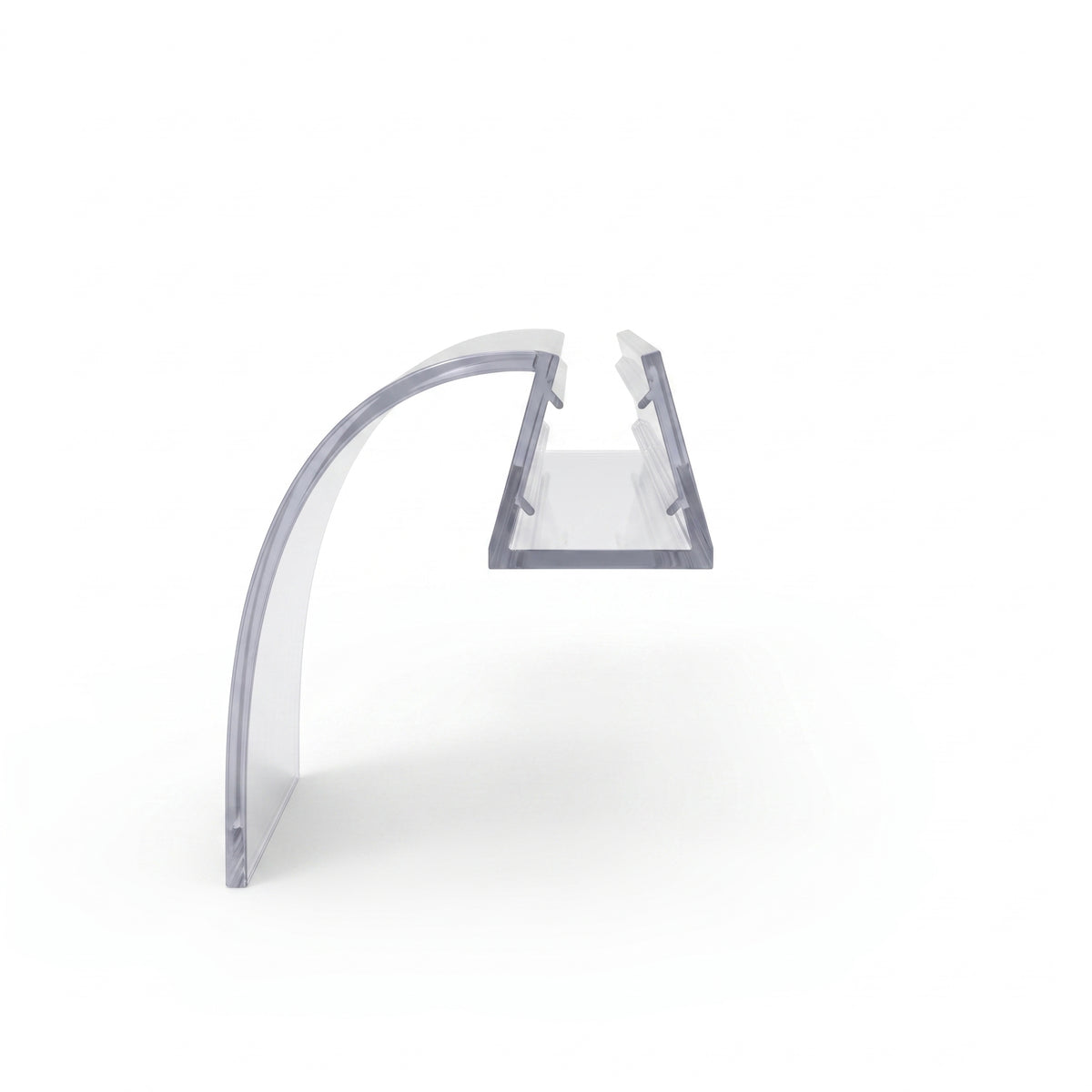 Clear deflector seal offcut on white, end-on: a U-channel with a long curved fin sweeping down