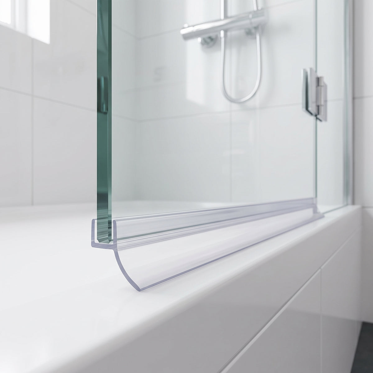 Clear curved-blade seal along a glass door bottom edge on a white bath, white tiles behind